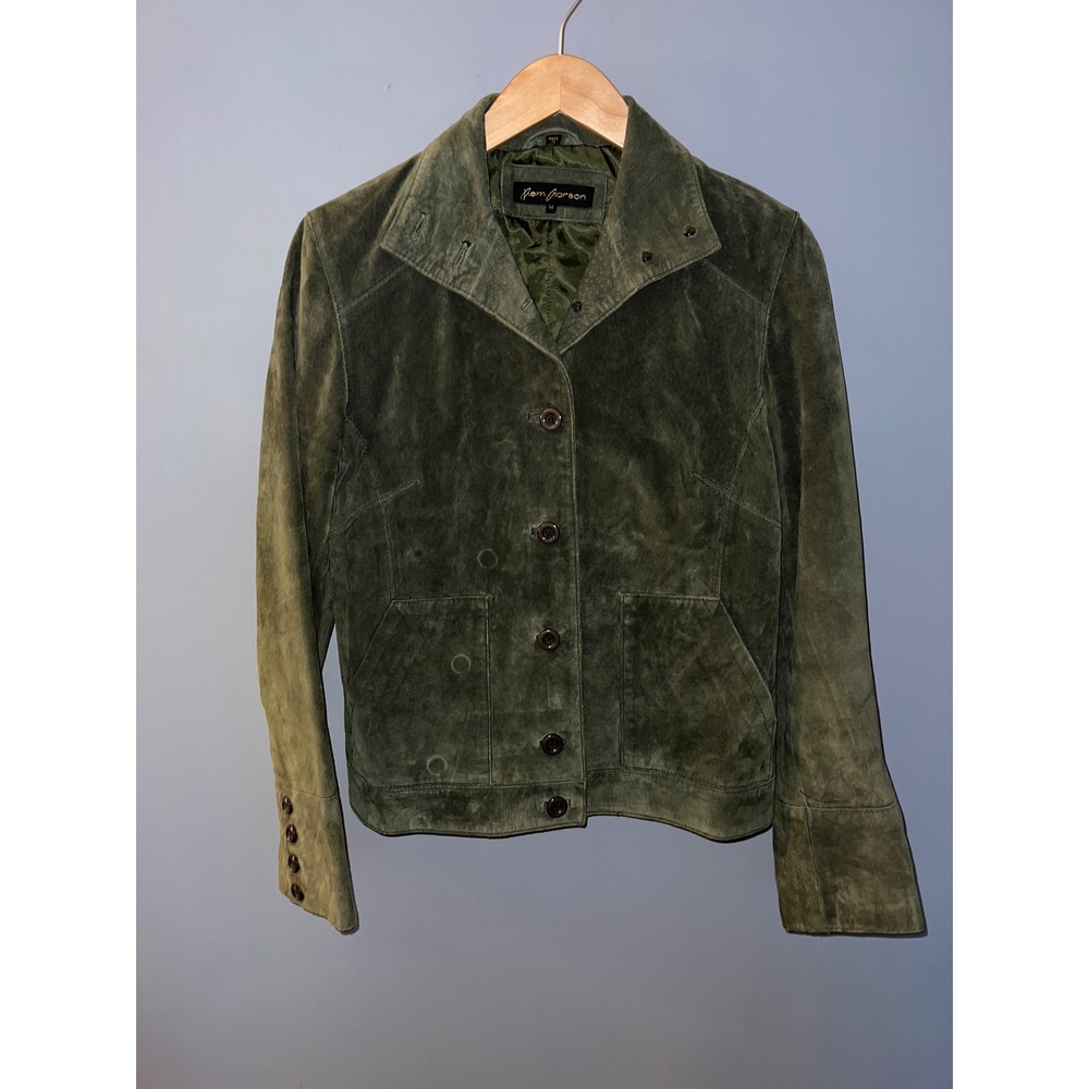 Rem Garson Olive Green Suede Leather Jacket Womens Medium Button Front Vintage